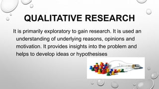QUALITATIVE RESEARCH
It is primarily exploratory to gain research. It is used an
understanding of underlying reasons, opinions and
motivation. It provides insights into the problem and
helps to develop ideas or hypothesises
 