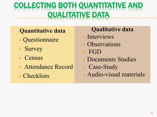 COLLECTING BOTH QUANTITATIVE AND
QUALITATIVE DATA
Quantitative data
 Questionnaire
 Survey
 Census
 Attendance Record
 Checklists
Qualitative data
 Interviews
 Observations
 FGD
 Documents Studies
 Case-Study
 Audio-visual materials
10
 