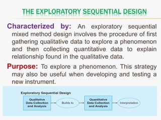 THE EXPLORATORY SEQUENTIAL DESIGN
Characterized by: An exploratory sequential
mixed method design involves the procedure of first
gathering qualitative data to explore a phenomenon
and then collecting quantitative data to explain
relationship found in the qualitative data.
Purpose: To explore a phenomenon. This strategy
may also be useful when developing and testing a
new instrument.
 