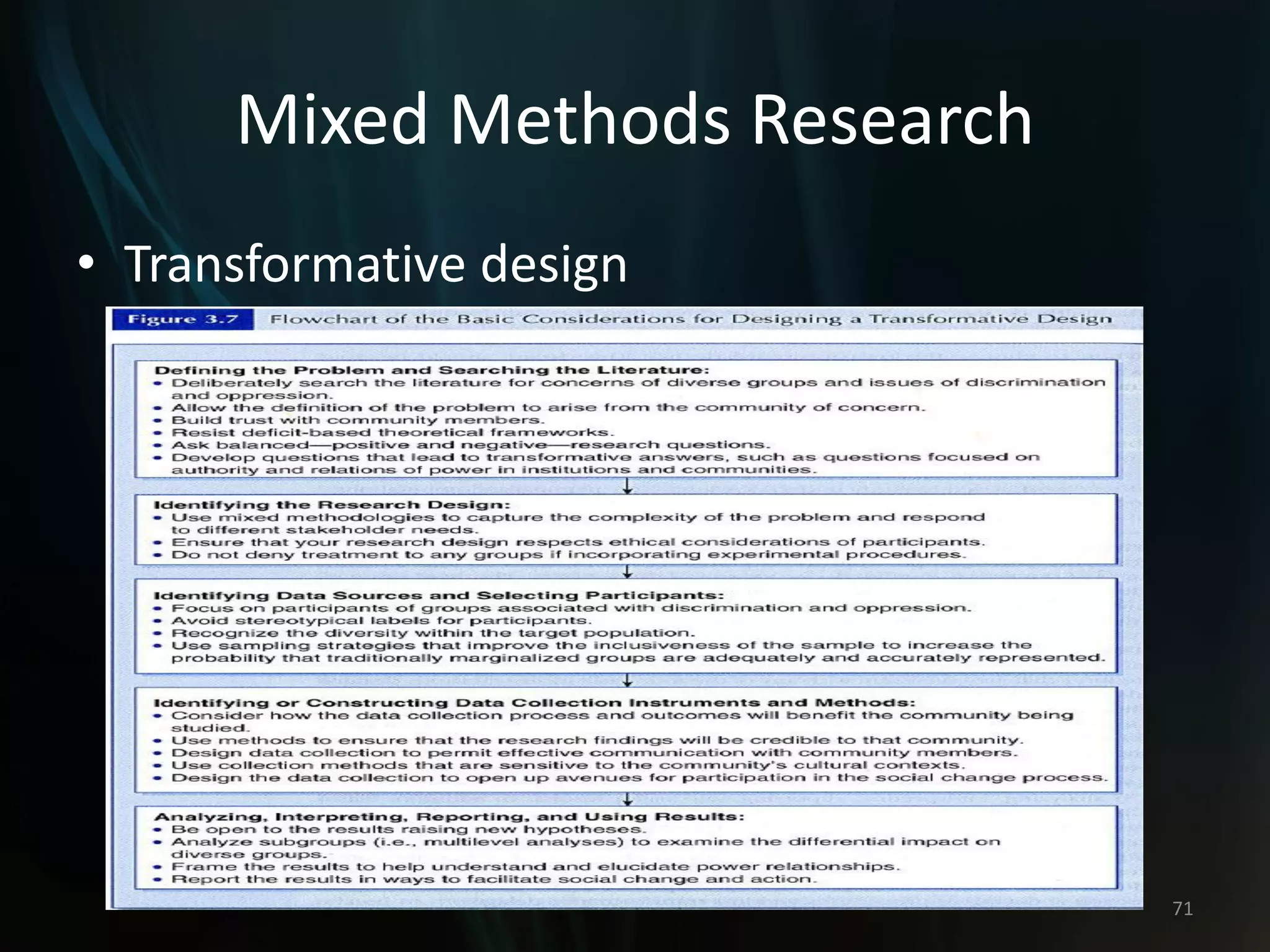 Mixed Methods Research
• Transformative design
71
 