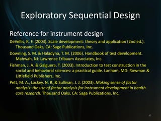 Exploratory Sequential Design
Reference for instrument design
DeVellis, R. F. (2003). Scale development: theory and application (2nd ed.).
Thousand Oaks, CA: Sage Publications, Inc.
Downing, S. M. & Haladyna, T. M. (2006). Handbook of test development.
Mahwah, NJ: Lawrence Erlbaum Associates, Inc.
Fishman, J. A. & Galguera, T. (2003). Introduction to test construction in the
social and behavioral sciences: a practical guide. Lanham, MD: Rowman &
Littlefield Publishers, Inc.
Pett, M. A., Lackey, N. R.,& Sullivan, J. J. (2003). Making sense of factor
analysis: the use of factor analysis for instrument development in health
care research. Thousand Oaks, CA: Sage Publications, Inc.
45
 