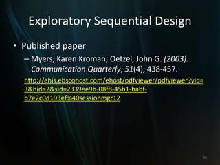 Exploratory Sequential Design
• Published paper
– Myers, Karen Kroman; Oetzel, John G. (2003).
Communication Quarterly, 51(4), 438-457.
http://ehis.ebscohost.com/ehost/pdfviewer/pdfviewer?vid=
3&hid=2&sid=2339ee9b-08f8-45b1-babf-
b7e2c0d193ef%40sessionmgr12
46
 