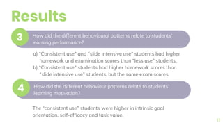 Results
17
How did the different behavioural patterns relate to students’
learning performance?
3
How did the different behaviour patterns relate to students’
learning motivation?
4
a) “Consistent use” and “slide intensive use” students had higher
homework and examination scores than “less use” students.
b) “Consistent use” students had higher homework scores than
“slide intensive use” students, but the same exam scores.
The “consistent use” students were higher in intrinsic goal
orientation, self-efficacy and task value.
 