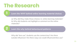 The Research
20
Learn the WHY behind online learning material choices1
Learn the why behind behavioural patterns2
a) Why did they make those choices re: online learning materials?
b) Why did students not highlight or comment on the online
materials?
Why did “less use” students use the content less? Are there
outside influences? Are there ways we could influence/entice use?
 