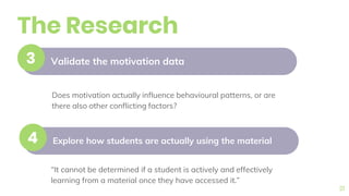 The Research
21
Validate the motivation data3
Explore how students are actually using the material4
Does motivation actually influence behavioural patterns, or are
there also other conflicting factors?
“It cannot be determined if a student is actively and effectively
learning from a material once they have accessed it.”
 