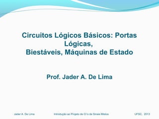 Introdução ao Projeto de CI´s de Sinais MistosJader A. De Lima UFSC, 2013
Circuitos Lógicos Básicos: Portas
Lógicas,
Biestáveis, Máquinas de Estado
Prof. Jader A. De Lima
 