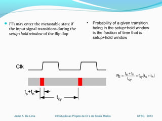 Introdução ao Projeto de CI´s de Sinais MistosJader A. De Lima UFSC, 2013
 FF1 may enter the metastable state if
the input signal transitions during the
setup+hold window of the flip flop
( )hscy
cy
hs
E ttf
t
tt
P +=
+
=
Clk
ts
+th
tcy
• Probability of a given transition
being in the setup+hold window
is the fraction of time that is
setup+hold window
 