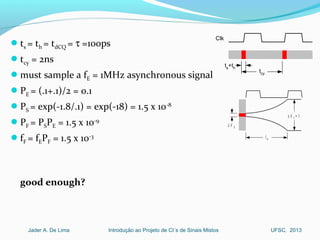 Introdução ao Projeto de CI´s de Sinais MistosJader A. De Lima UFSC, 2013
ts = th = tdCQ = τ =100ps
tcy = 2ns
must sample a fE = 1MHz asynchronous signal
PE = (.1+.1)/2 = 0.1
PS = exp(-1.8/.1) = exp(-18) = 1.5 x 10-8
PF = PSPE = 1.5 x 10-9
fF = fEPF = 1.5 x 10-3
good enough?
Clk
ts
+th
tcy
∆ V S
t w
∆ V F
= 1
 