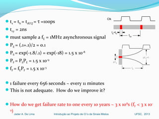 Introdução ao Projeto de CI´s de Sinais MistosJader A. De Lima UFSC, 2013
ts = th = tdCQ = τ =100ps
tcy = 2ns
must sample a fE = 1MHz asynchronous signal
PE = (.1+.1)/2 = 0.1
PS = exp(-1.8/.1) = exp(-18) = 1.5 x 10-8
PF = PSPE = 1.5 x 10-9
fF = fEPF = 1.5 x 10-3
1 failure every 656 seconds ~ every 11 minutes
This is not adequate. How do we improve it?
How do we get failure rate to one every 10 years ~ 3 x 108
s (fF < 3 x 10-
9
)
Clk
ts
+th
tcy
∆ V S
t w
∆ V F
= 1
 