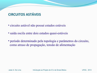 Introdução ao Projeto de CI´s de Sinais MistosJader A. De Lima UFSC, 2013
CIRCUITOS ASTÁVEIS
• circuito astável não possui estados estáveis
• saída oscila entre dois estados quasi-estáveis
• período determinado pela topologia e parâmetros do circuito, 
  como atraso de propagação, tensão de alimentação
 