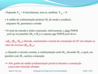 Introdução ao Projeto de CI´s de Sinais MistosJader A. De Lima UFSC, 2013
• Supondo Vin
= 0 inicialmente, tem-se, também, Vout
= 0
• A malha de realimentação polariza M4
de modo a conduzir,
enquanto M3
permanece cortado
• O sinal de entrada é então conectado, efetivamente, a dois PMOS
pull-up em paralelo (M2
e M4
) e a apenas um NMOS pull-down
⇒βM1
/(βM2
+βM4
) alterada, aumentando a tensão de comutação do ST em relação ao
valor do inversor (βM1
/βM2
)
⇒ Quando o circuito comuta, a realimentação corta M4
, ativando M3
, o qual, em
paralelo com M1, acelera a transição
⇒ Alto ganho de malha (realimentação positiva) durante a comutação
causa uma transição abrupta.
 