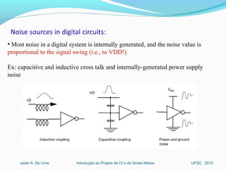 Introdução ao Projeto de CI´s de Sinais MistosJader A. De Lima UFSC, 2013
• Most noise in a digital system is internally generated, and the noise value is
proportional to the signal swing (i.e., to VDD!)
Ex: capacitive and inductive cross talk and internally-generated power supply
noise
 