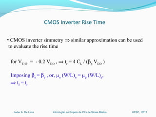 Introdução ao Projeto de CI´s de Sinais MistosJader A. De Lima UFSC, 2013
• CMOS inverter simmetry ⇒ similar approximation can be used
to evaluate the rise time
for VTHP
= - 0.2 VDD
, ⇒ tr
= 4 CL
/ (βp
VDD
)
Imposing βn
= βp
, or, µn
(W/L)n
= µp
(W/L)p
,
⇒ tf
= tr
CMOS Inverter Rise Time
 