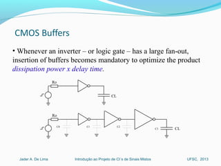 Introdução ao Projeto de CI´s de Sinais MistosJader A. De Lima UFSC, 2013
• Whenever an inverter – or logic gate – has a large fan-out,
insertion of buffers becomes mandatory to optimize the product
dissipation power x delay time.
CL
CL
Ro
Ro
C0 C2C1
C3
 