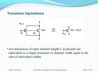 Introdução ao Projeto de CI´s de Sinais MistosJader A. De Lima UFSC, 2013
• two transistors of same channel length L in parallel are
equivalent to a single transistor of channel width equal to the
sum of individual widths.
 