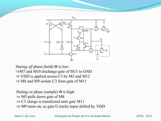 Introdução ao Projeto de CI´s de Sinais MistosJader A. De Lima UFSC, 2013
During off phase (hold) Φ is low:
⇒M7 and M10 discharge gate of M11 to GND
⇒ VDD is applied across C3 by M3 and M12
⇒ M8 and M9 isolate C3 from gate of M11
During on phase (sample) Φ is high:
⇒ M5 pulls down gate of M8
⇒ C3 charge is transferred onto gate M11
⇒ M9 turns on, so gate G tracks input shifted by VDD
 