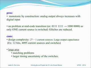 pros: 
• monotonic by construction: analog output always increases with 
digital input 
• no problem at mid-code transition (ex: 0111 1111 → 1000 0000) as 
only ONE current source is switched. Glitches are reduced. 
cons: 
• design complexity: 2N − 1 current sources. Large output capacitance 
(Ex: 12 bits, 4095 current sources and switches) 
• large area 
• matching problems 
• larger timing uncertainty of the switches. 
Introdução ao Jader A. De Lima Projeto de CI´s de Sinais Mistos UFSC, 2014 
 