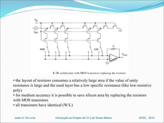 • the layout of resistors consumes a relatively large area if the value of unity 
resistance is large and the used layer has a low specific resistance (like low-resistive 
poly) 
• for medium accuracy it is possible to save silicon area by replacing the resistors 
with MOS transistors 
• all transistors have identical (W/L) 
Introdução ao Jader A. De Lima Projeto de CI´s de Sinais Mistos UFSC, 2014 
 