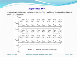 Segmented D/A 
• segmentation obtains a high-resolution DAC by combining the operation of two or 
more DACs together. 
Introdução ao Jader A. De Lima Projeto de CI´s de Sinais Mistos UFSC, 2014 
 