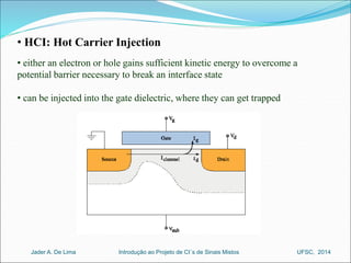 • HCI: Hot Carrier Injection 
• either an electron or hole gains sufficient kinetic energy to overcome a 
potential barrier necessary to break an interface state 
• can be injected into the gate dielectric, where they can get trapped 
Introdução ao Jader A. De Lima Projeto de CI´s de Sinais Mistos UFSC, 2014 
 