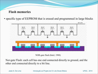 Flash memories 
• specific type of EEPROM that is erased and programmed in large blocks 
NOR-gate flash (Intel, 1988) 
Nor-gate Flash: each cell has one end connected directly to ground, and the 
other end connected directly to a bit line. 
Introdução ao Jader A. De Lima Projeto de CI´s de Sinais Mistos UFSC, 2014 
 