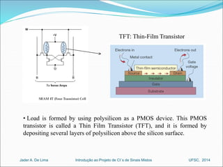 TFT: Thin-Film Transistor 
• Load is formed by using polysilicon as a PMOS device. This PMOS 
transistor is called a Thin Film Transistor (TFT), and it is formed by 
depositing several layers of polysilicon above the silicon surface. 
Introdução ao Jader A. De Lima Projeto de CI´s de Sinais Mistos UFSC, 2014 
 