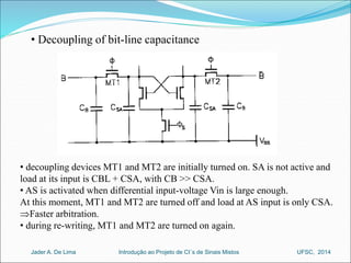 • Decoupling of bit-line capacitance 
• decoupling devices MT1 and MT2 are initially turned on. SA is not active and 
load at its input is CBL + CSA, with CB >> CSA. 
• AS is activated when differential input-voltage Vin is large enough. 
At this moment, MT1 and MT2 are turned off and load at AS input is only CSA. 
Faster arbitration. 
• during re-writing, MT1 and MT2 are turned on again. 
Introdução ao Jader A. De Lima Projeto de CI´s de Sinais Mistos UFSC, 2014 
 
