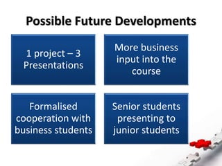Possible Future Developments
1 project – 3
Presentations
More business
input into the
course
Formalised
cooperation with
business students
Senior students
presenting to
junior students
 