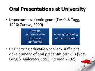 Oral Presentations at University
• Important academic genre (Ferris & Tagg,
1996; Zareva, 2009)
• Engineering education can lack sufficient
development of oral presentation skills (Vest,
Long & Anderson, 1996; Reimer, 2007)
Develop
communication
skills and
confidence
Allow questioning
of the presenter
 