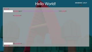 Hello World!
<html>
<script src="https://aframe.io/releases/0.3.2/aframe.min.js"></script>
<a-scene>
</ a-scene>
</ html>
 