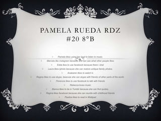 PAMELA RUEDA RDZ
            #20 8°B

                             Pamela likes using her Ipod to listen to music.
              Marcela like instagram because she can see what other people likes
                            Edda lkes to use facebook because there i shat
                  Laura likes Iphoto because she can restore antique family photos.
                                         Anakaren likes to watch tv
   Regina likes to use skype, beacuse she can skype with friends of other parts of the world.
                           Florencia likes to use facebook to talk with friends
                                           Rebecca loves music
                       Bianca likes to be in Tumblr because she can find quotes.
              Regina likes facebook because she can reunite with childhood friends
                                     Paulina likes to read in Wattpad
 