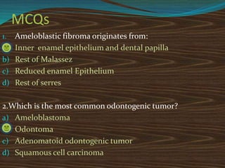 MCQs
1. Ameloblastic fibroma originates from:
a) Inner enamel epithelium and dental papilla
b) Rest of Malassez
c) Reduced enamel Epithelium
d) Rest of serres
2.Which is the most common odontogenic tumor?
a) Ameloblastoma
b) Odontoma
c) Adenomatoid odontogenic tumor
d) Squamous cell carcinoma
 