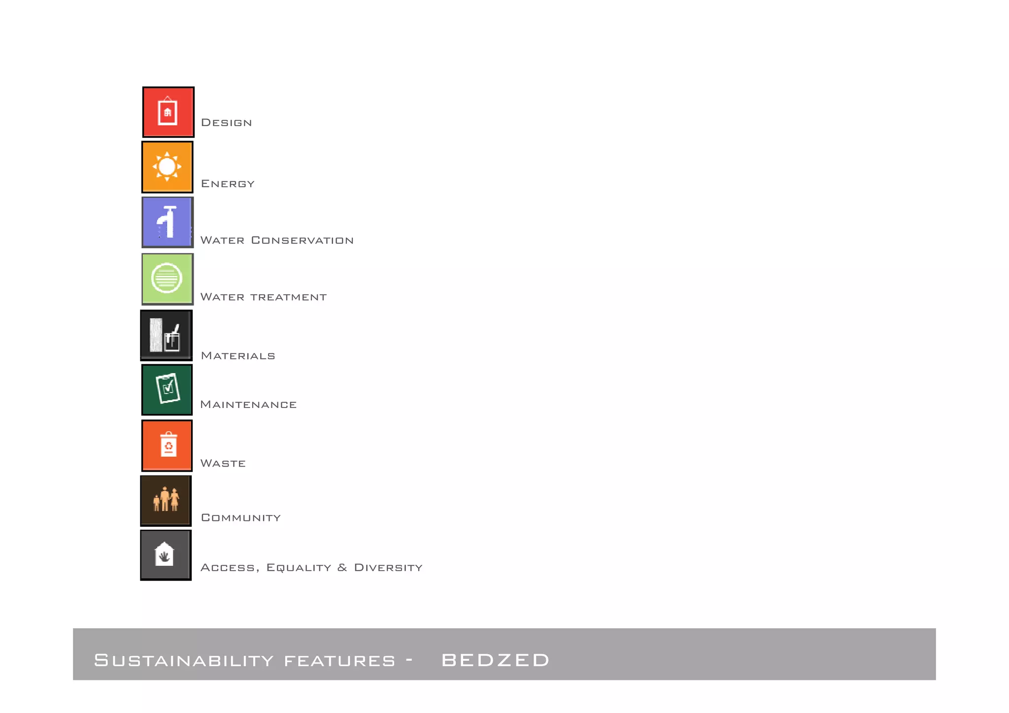 Design



        Energy


        Water Conservation


        Water treatment



        Materials


        Maintenance



        Waste


        Community


        Access, Equality & Diversity




Sustainability features -              bedzed
 