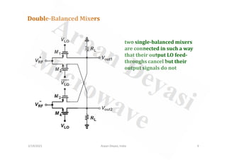 Double-Balanced Mixers
two single-balanced mixers
are connected in such a way
that their output LO feed-
throughs cancel but their
output signals do not
2/19/2021 9
Arpan Deyasi, India
 