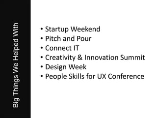 BigThingsWeHelpedWith
⢠Startup Weekend
⢠Pitch and Pour
⢠Connect IT
⢠Creativity & Innovation Summit
⢠Design Week
⢠People Skills for UX Conference