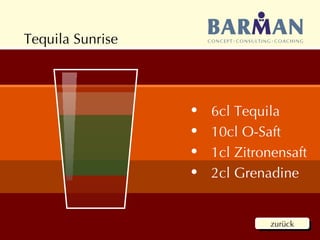 Tequila Sunrise 6cl Tequila 10cl O-Saft 1cl Zitronensaft 2cl Grenadine zurück zurück 