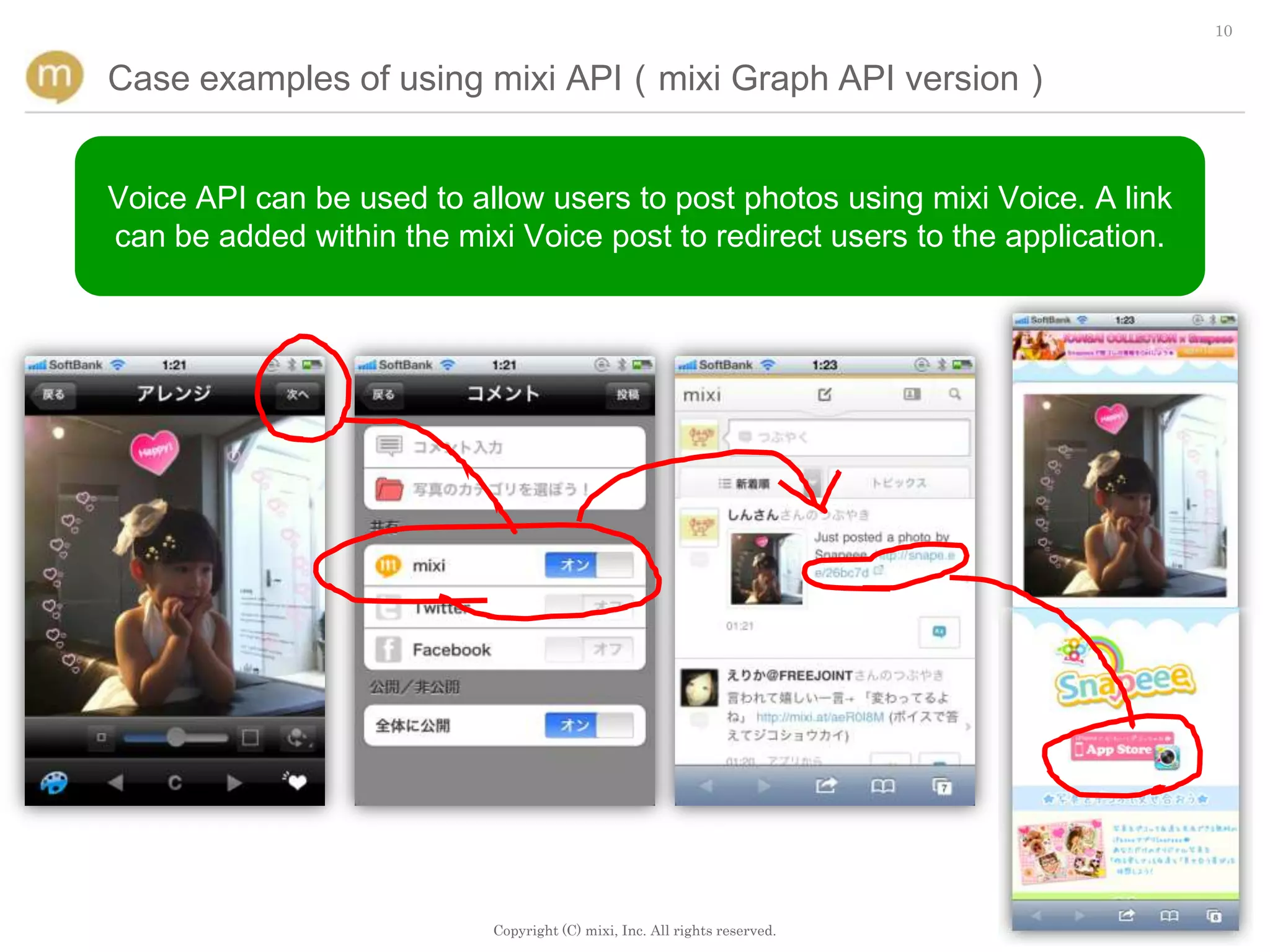 10


Case examples of using mixi API（mixi Graph API version）


Voice API can be used to allow users to post photos using mixi Voice. A link
can be added within the mixi Voice post to redirect users to the application.




                           Copyright (C) mixi, Inc. All rights reserved.
 