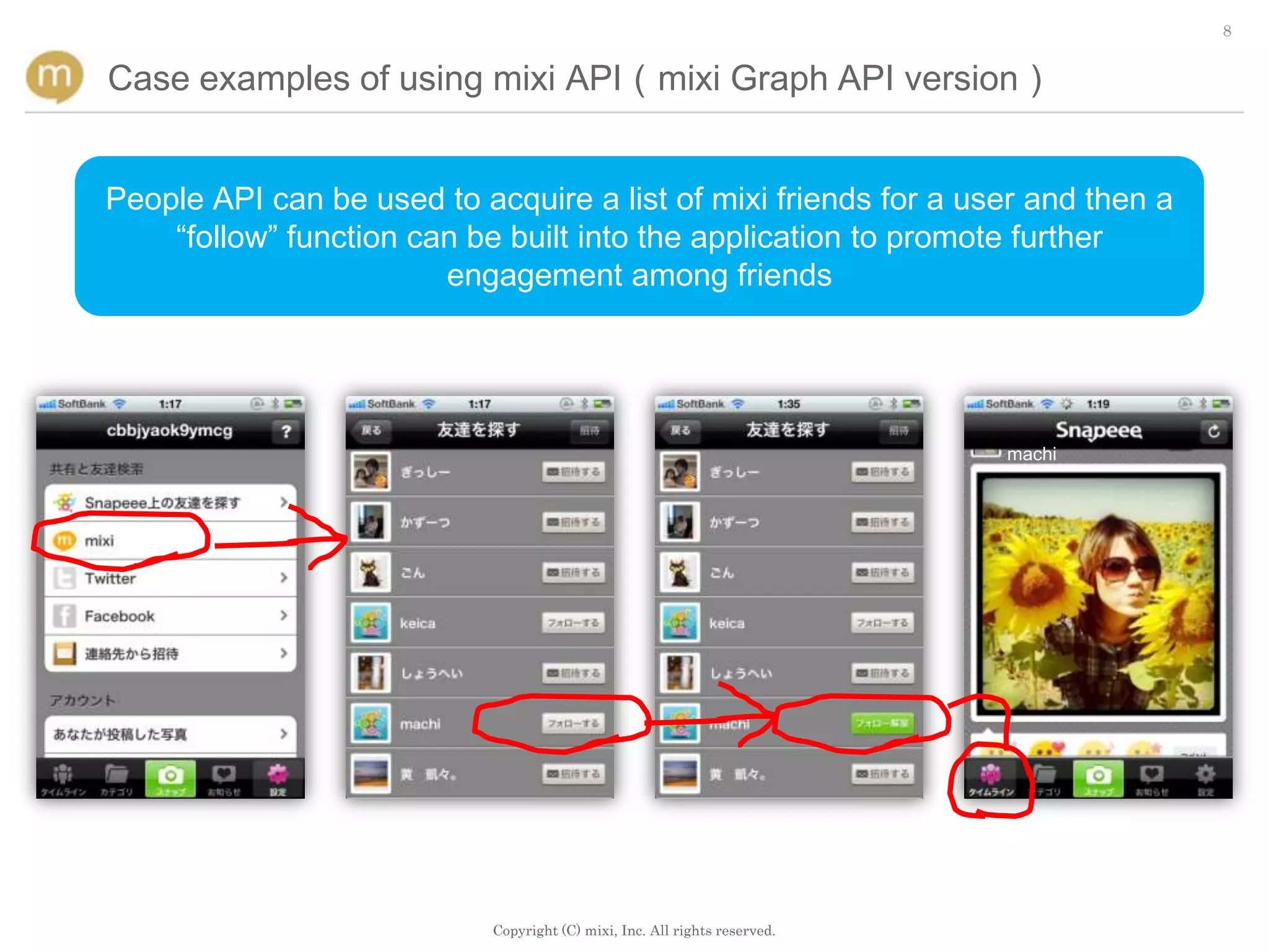 8


Case examples of using mixi API（mixi Graph API version）


People API can be used to acquire a list of mixi friends for a user and then a
    “follow” function can be built into the application to promote further
                        engagement among friends




                                                                            machi




                            Copyright (C) mixi, Inc. All rights reserved.
 