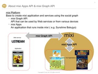 3


  About mixi Apps API & mixi Graph API

mixi Platform
Base to create mixi application and services using the social graph
  ・mixi Graph API
     API that can be used by Web services or from various devices
  ・mixi Apps
     An application that runs inside mixi（e.g. Sunshine Bokujyo)


       Web service
                           mixi Graph API                                      mixi
                                                                             mixi Apps API
        Application




                                                                                mixi Applications




                             Copyright (C) mixi, Inc. All rights reserved.
 