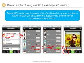 8


Case examples of using mixi API（mixi Graph API version）


People API can be used to acquire a list of mixi friends for a user and then a
    “follow” function can be built into the application to promote further
                        engagement among friends




                                                                            machi




                            Copyright (C) mixi, Inc. All rights reserved.
 