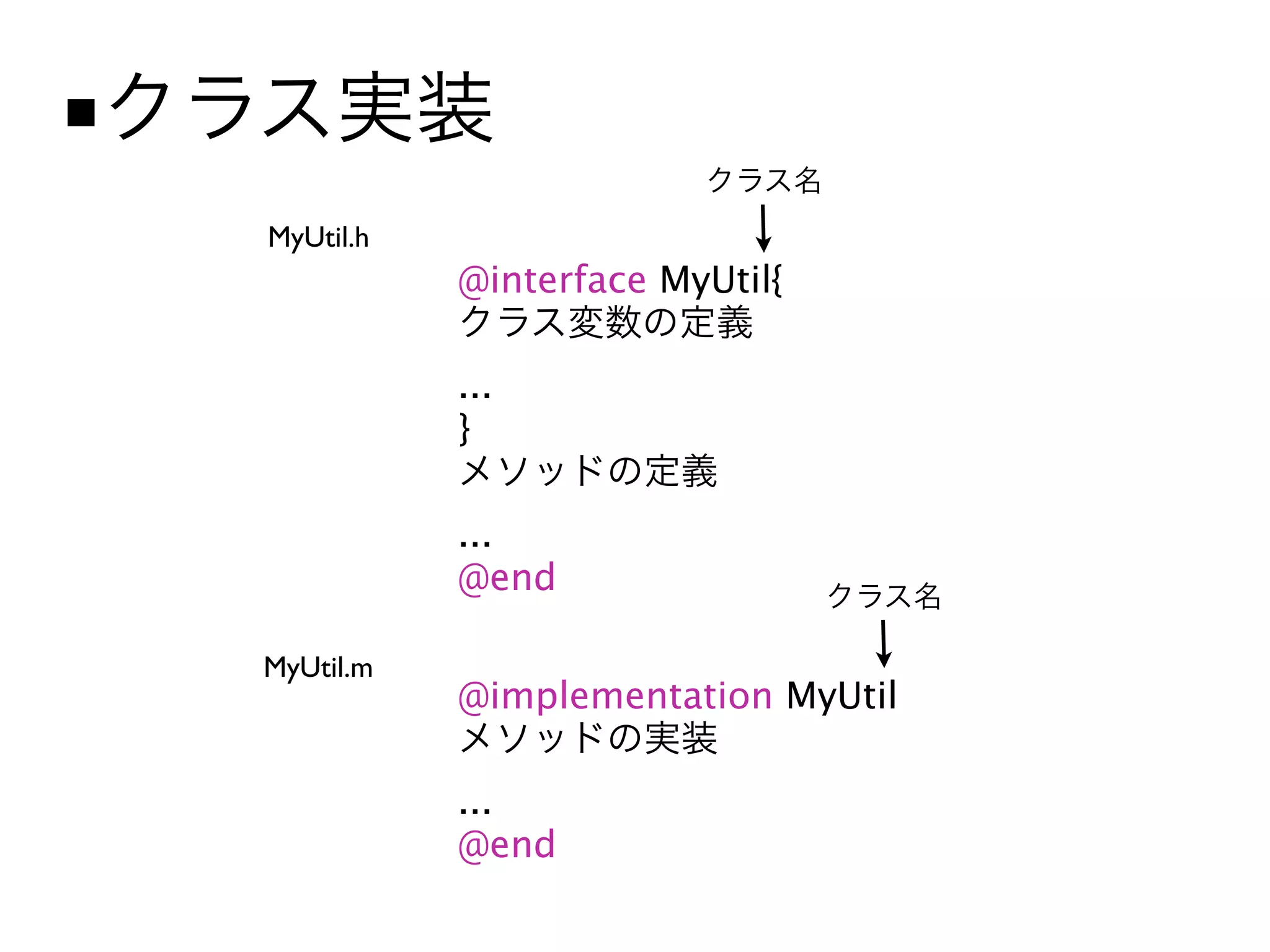 ■
    MyUtil.h
               @interface MyUtil{

               ...
               }

               ...
               @end

    MyUtil.m
               @implementation MyUtil

               ...
               @end
 