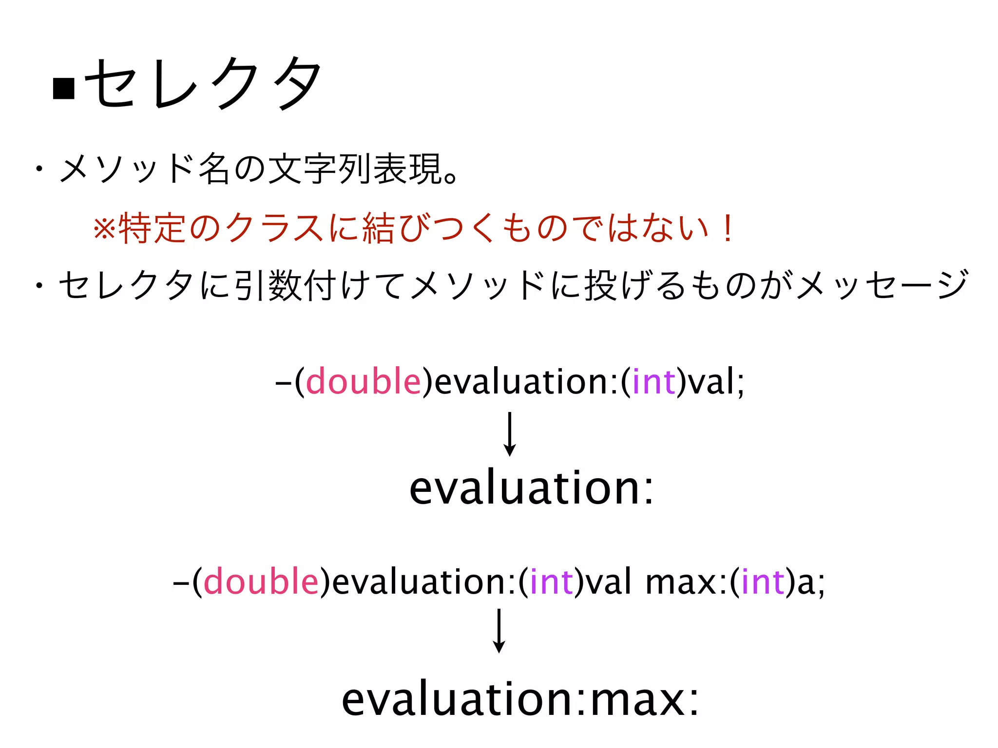 ■

    ※



              -(double)evaluation:(int)val;


                      evaluation:
        -(double)evaluation:(int)val max:(int)a;


                  evaluation:max:
 