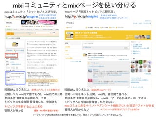 mixi                                mixi
mixi                                      mixi
http://c.mixi.jp/enspire   2     36
                                          http://p.mixi.jp/enspire




       URL                                       URL                 mixi

             mixi      OK      mixi                              mixi
                                                                    mixi

                                          mixi
                                                                     ※

                                 (    )
 
