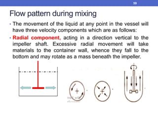 Flow pattern during mixing
• The movement of the liquid at any point in the vessel will
have three velocity components which are as follows:
• Radial component, acting in a direction vertical to the
impeller shaft. Excessive radial movement will take
materials to the container wall, whence they fall to the
bottom and may rotate as a mass beneath the impeller.
59
 