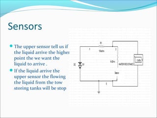 Sensors
The upper sensor tell us if
the liquid arrive the higher
point the we want the
liquid to arrive .
If the liquid arrive the
upper sensor the flowing
the liquid from the tow
storing tanks will be stop
 