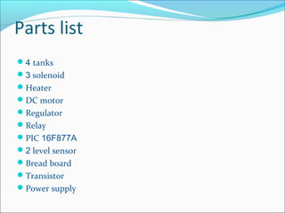 Parts list
4 tanks
3 solenoid
Heater
DC motor
Regulator
Relay
PIC 16F877A
2 level sensor
Bread board
Transistor
Power supply
 