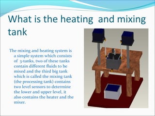 What is the heating and mixing
tank
The mixing and heating system is
a simple system which consists
of 3-tanks, two of these tanks
contain different fluids to be
mixed and the third big tank
which is called the mixing tank
(the processing tank) contains
two level sensors to determine
the lower and upper level, it
also contains the heater and the
mixer.
 