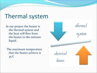 Thermal system
In our project the heater is
the thermal system and
the heat will flow from
the heater to the mixture
liquid .
The maximum temperature
that the heater achieve is
35 C
 