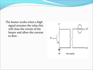 The heater works when a high
signal actuates the relay this
will close the circuit of the
heater and allow the current
to flow .
 