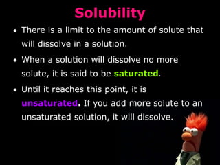 • Soluble – substances which dissolve in a 
liquid are said to be soluble. 
• Concentrated – when more solute is 
dissolved in a solvent the solution 
becomes more concentrated. 
• Saturated – when no more solute is able 
to be dissolved in the solvent the solution 
is saturated. 
 